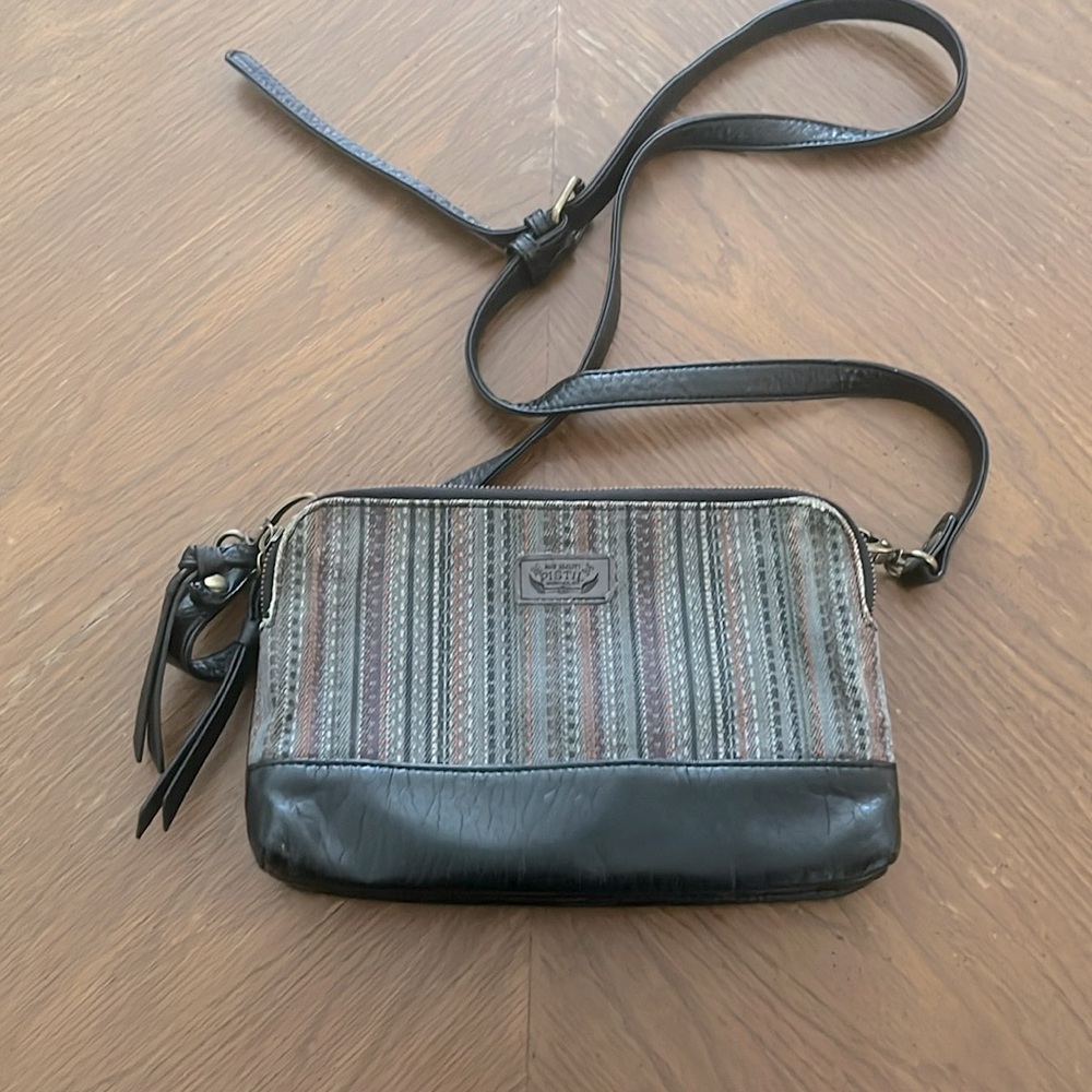Utility tapestry stripes cotton black faux leather crossbody Oregon PNW Like New